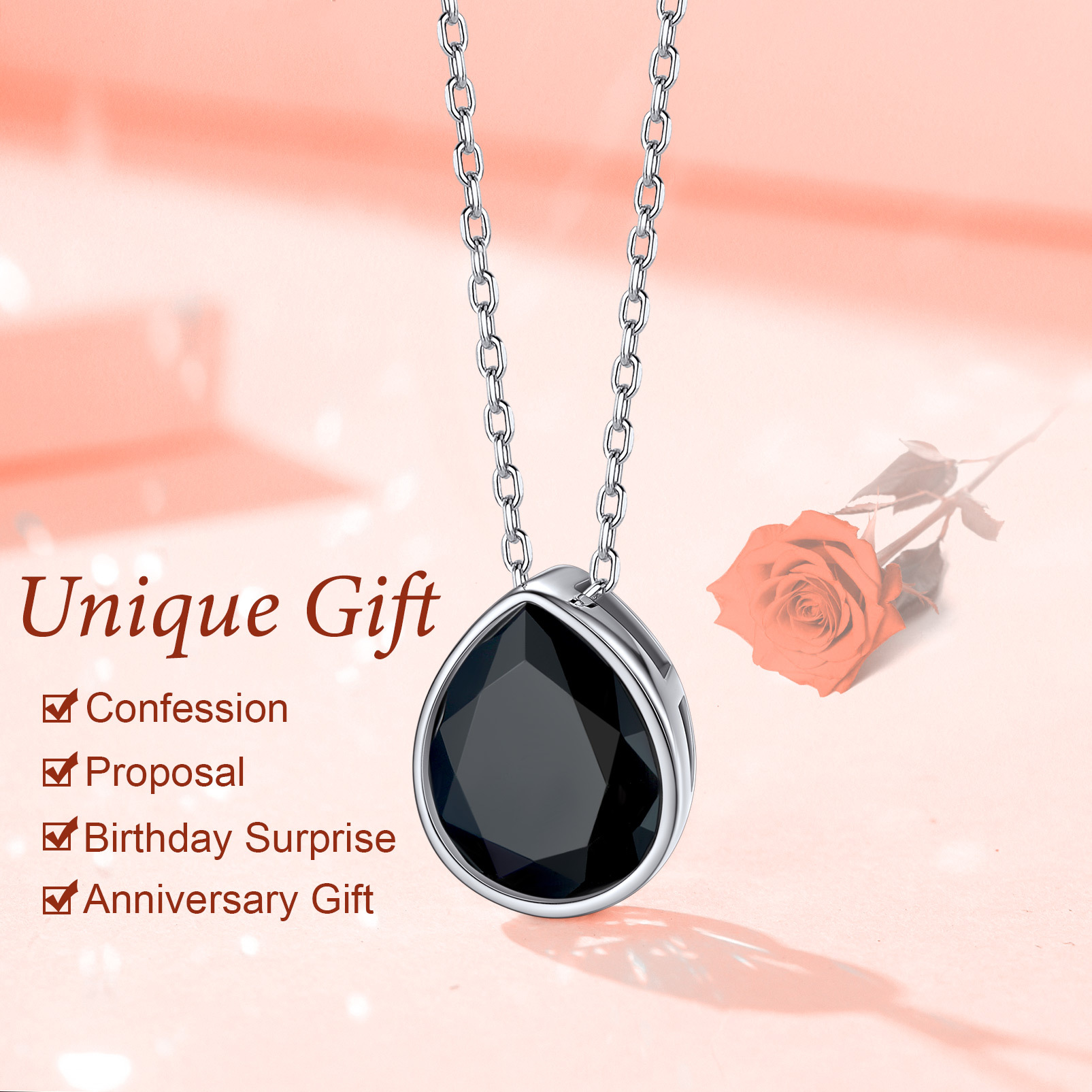 Sterling Silver Teardrop Black Cubic Zirconia Necklace gift