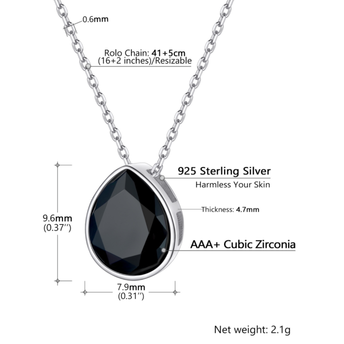 Sterling Silver Black Cubic Zirconia Choker Necklace size