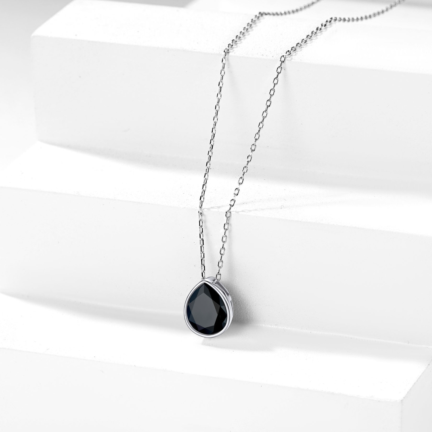 Sterling Silver Teardrop Black Cubic Zirconia Necklace