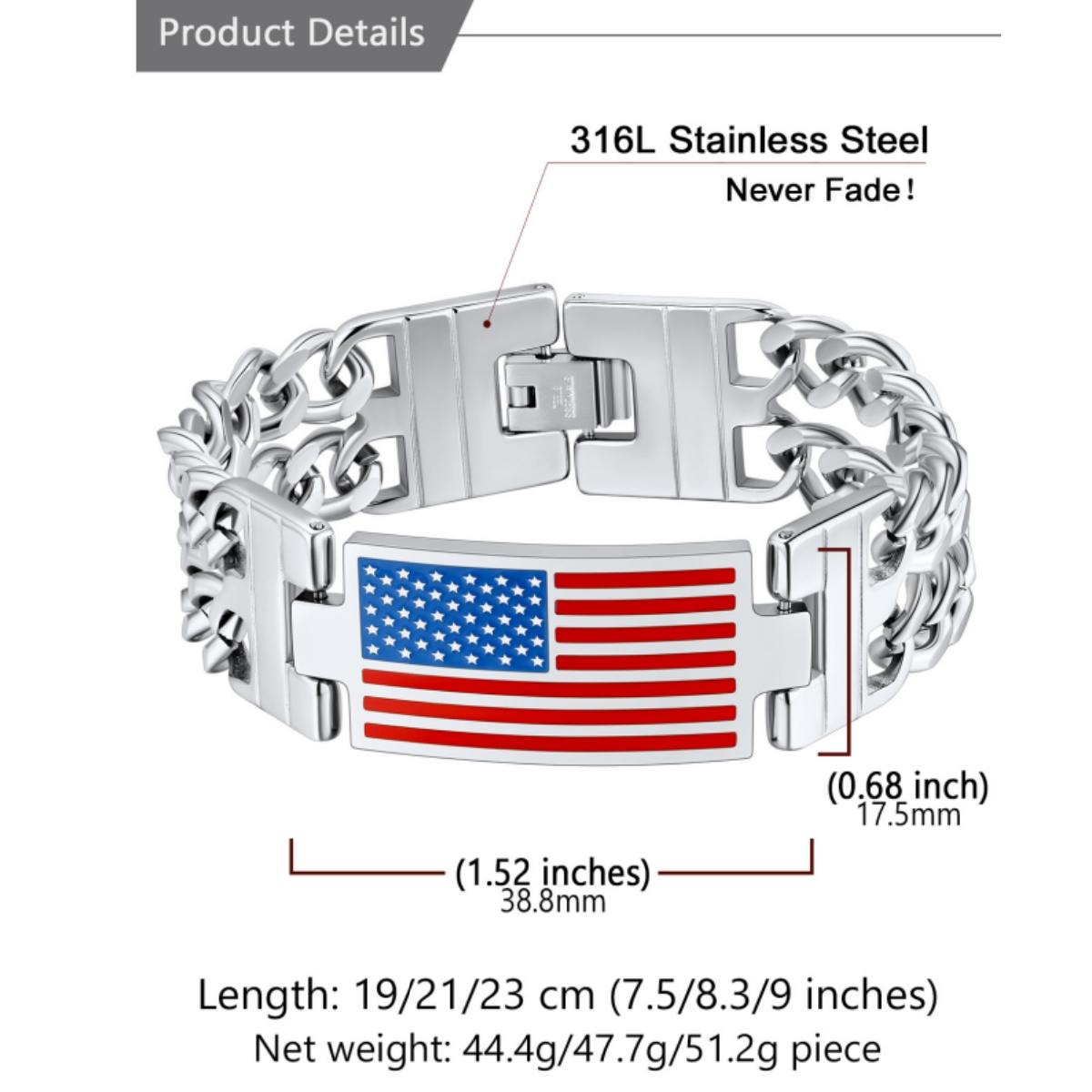 Custom 4th of July US Flag Cuban Link Chain Bracelet size