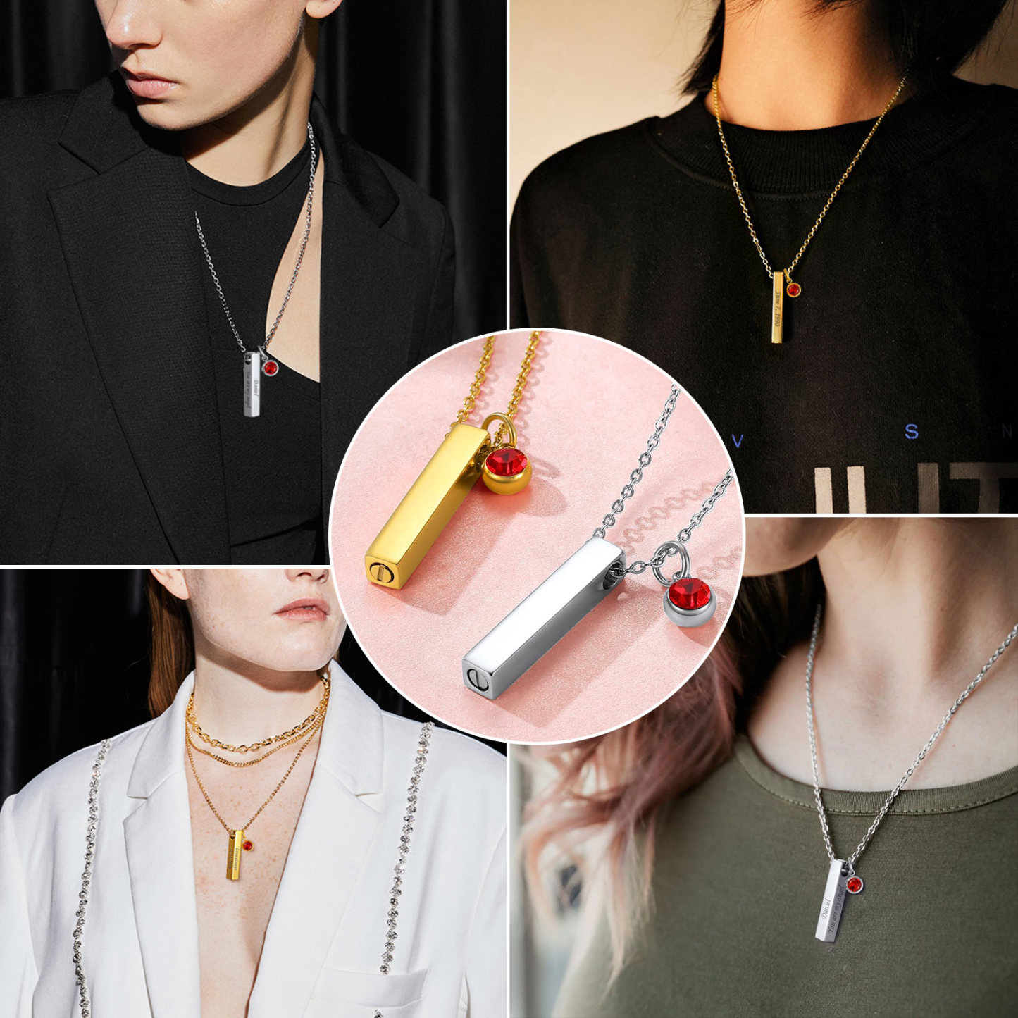 waterproof Birthstone Bar Urn  Necklace for Ashes model show