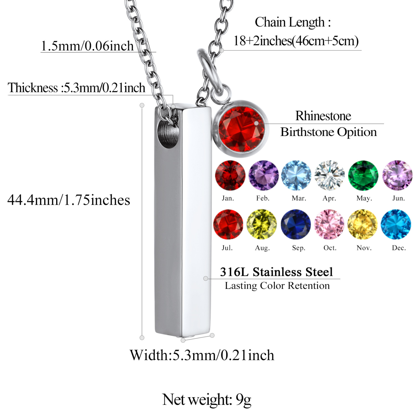 Custom Birthstone Cremation Necklace size