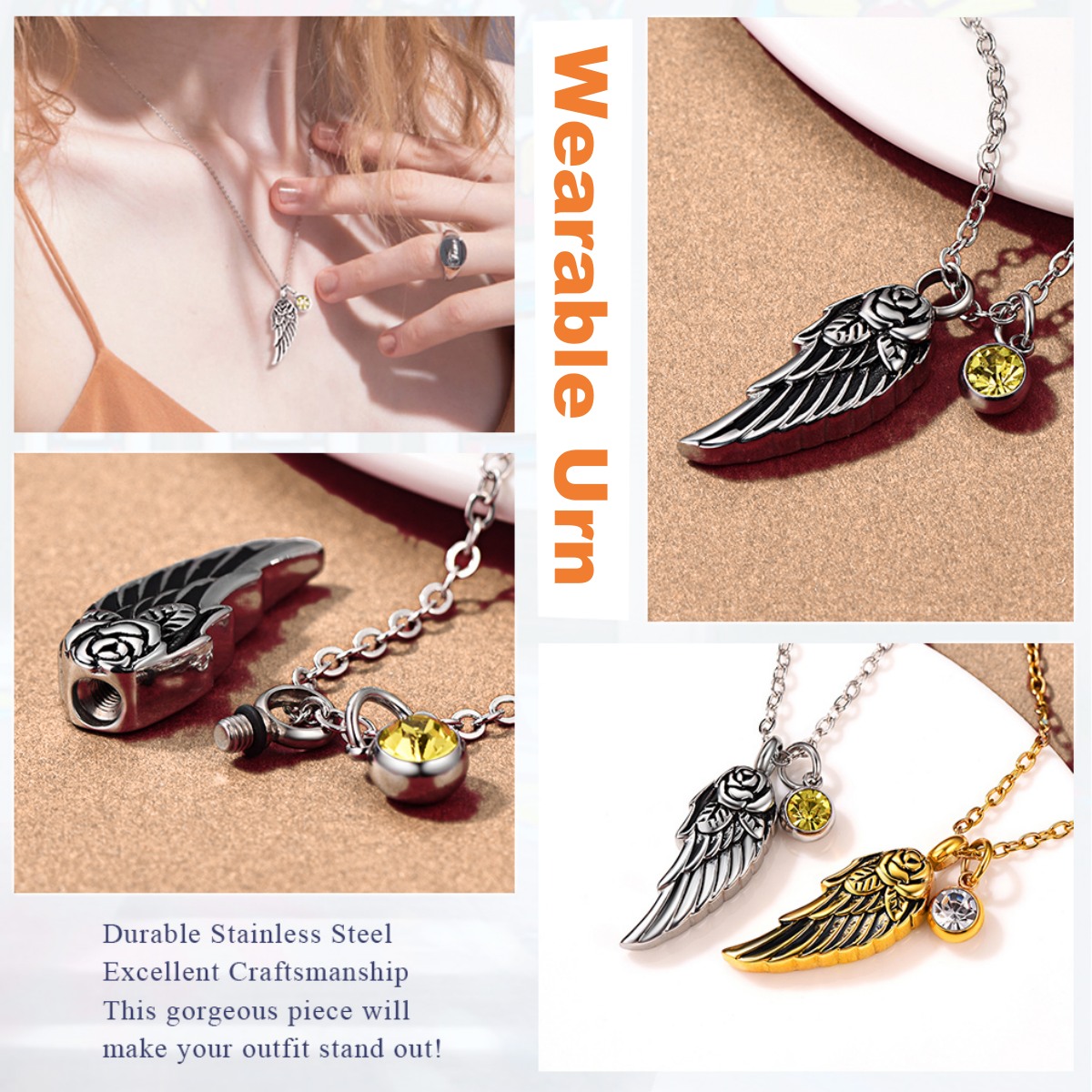 Custom Birthstone Angle Wing wearable Urn  