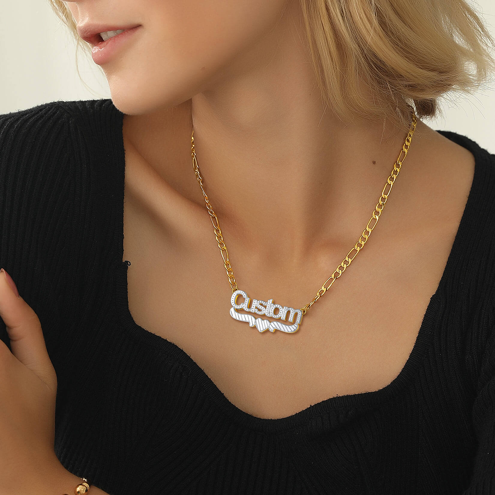 woman wearing Gold Custom Heart Diamond Cut Name Necklace