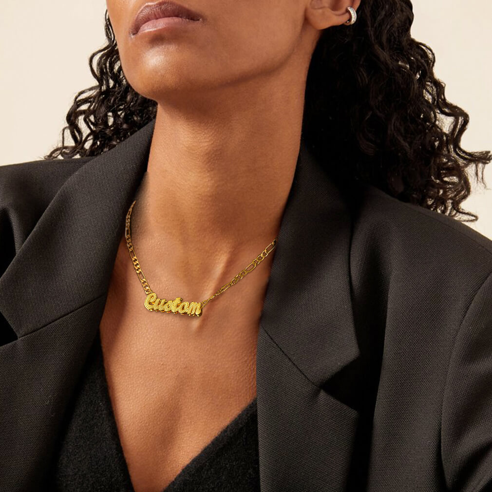 woman wearing Diamond Cut Name Necklace