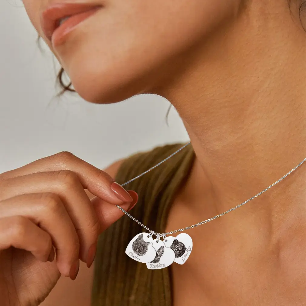 Custom 1-3 Heart Pet Portrait Photo Necklace for Pet Lover Pet Loss Gift