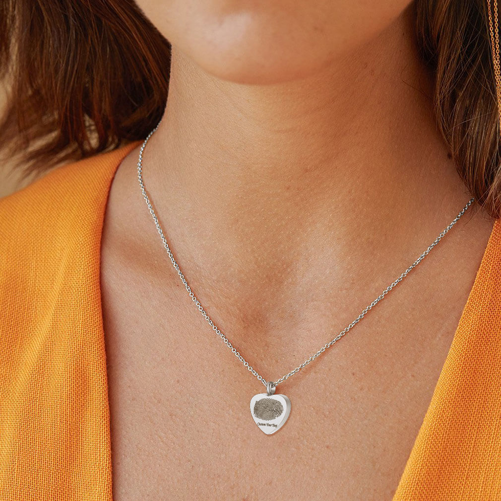 Custom Heart Photo Cremation Urn Necklace for Pet Ashes with Fingerprint