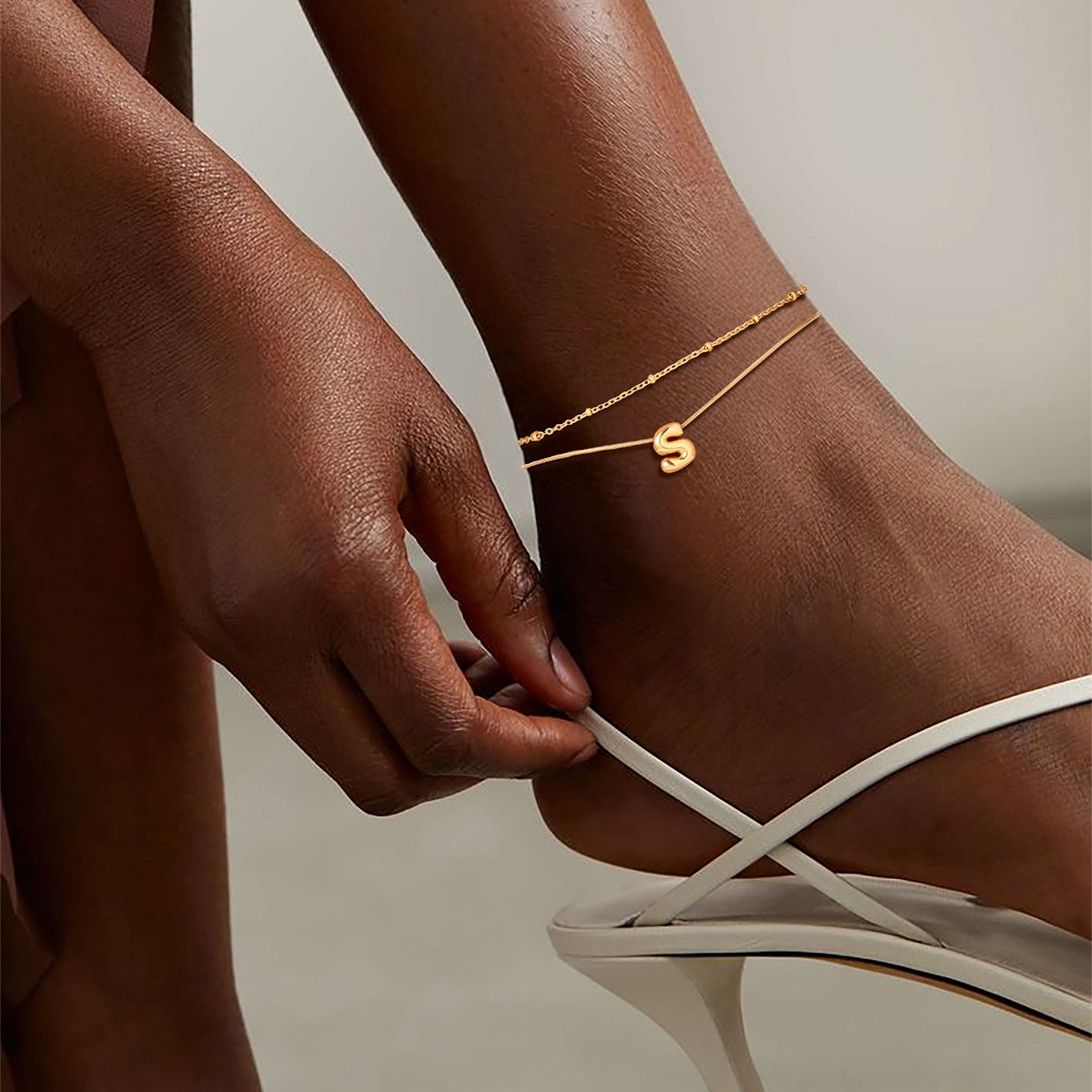 women wearing Gold Bubble Letter Initial s Anklet Chain 