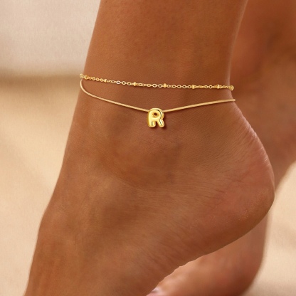 women wearing Gold Bubble Letter r Anklet Chain 
