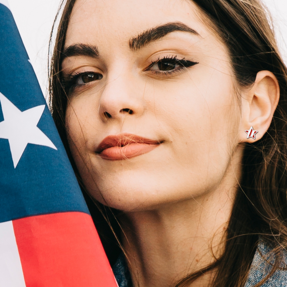 women wearing 4th of July American Flag Stud Earrings