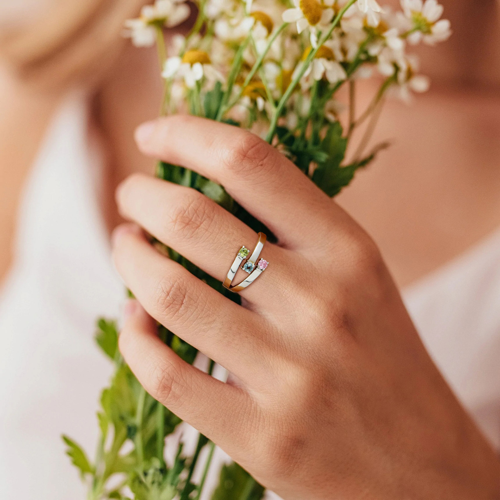 women wearing Sterling Silver Birthstones Promise Ring for Her