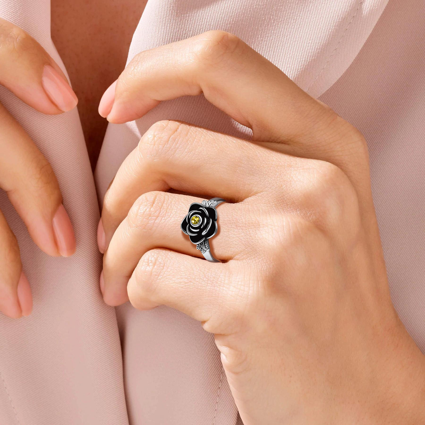 model wearing Birthstone Cremation Urn Ring for Ashes