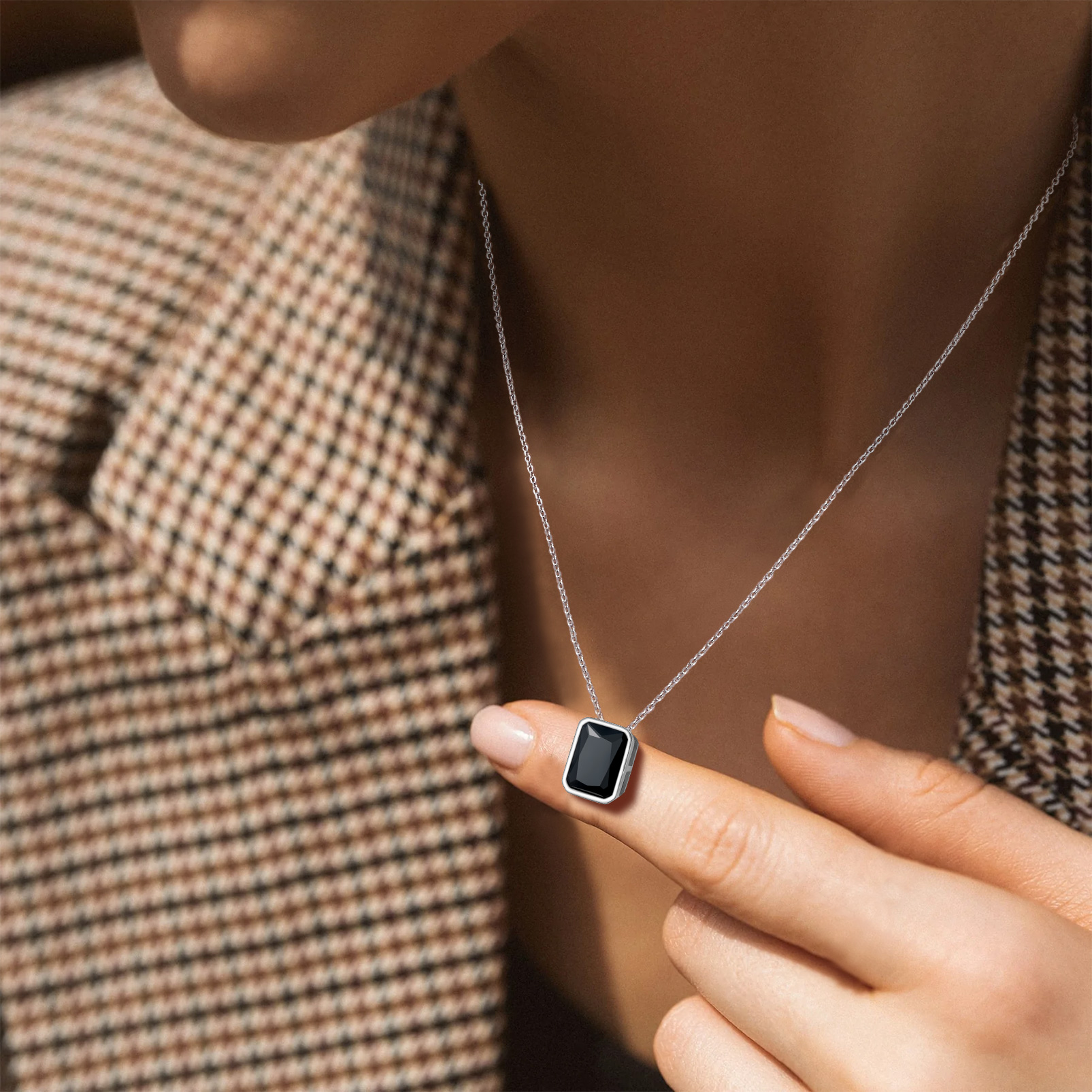 women wearing Sterling Silver Square Black Cubic Zirconia Choker Necklace 