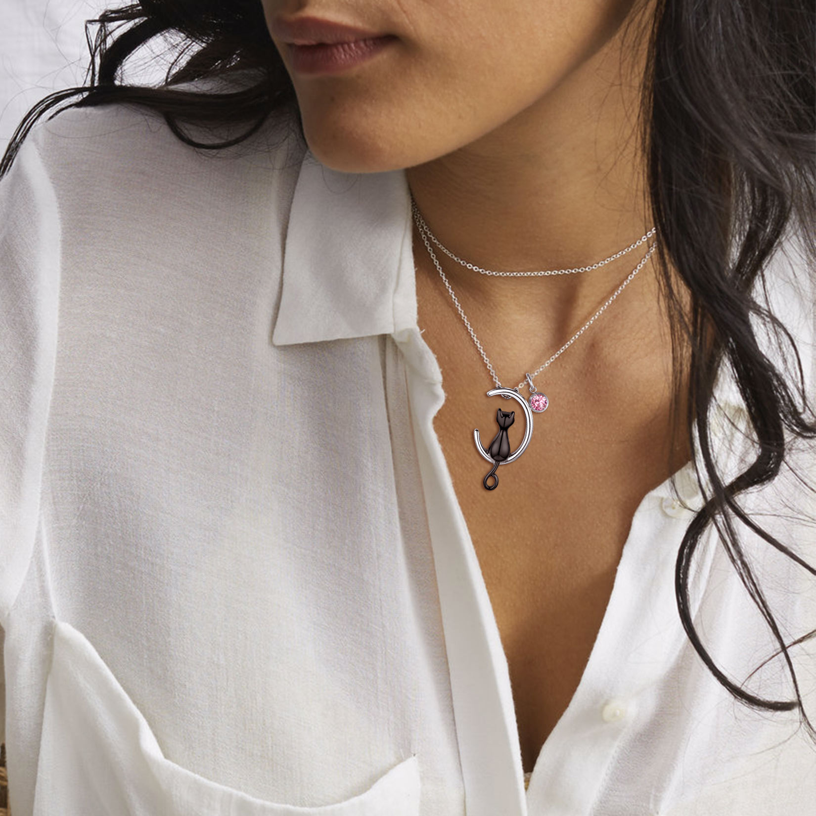 Women wearing Birthstone Cat Cremation Urn Necklace