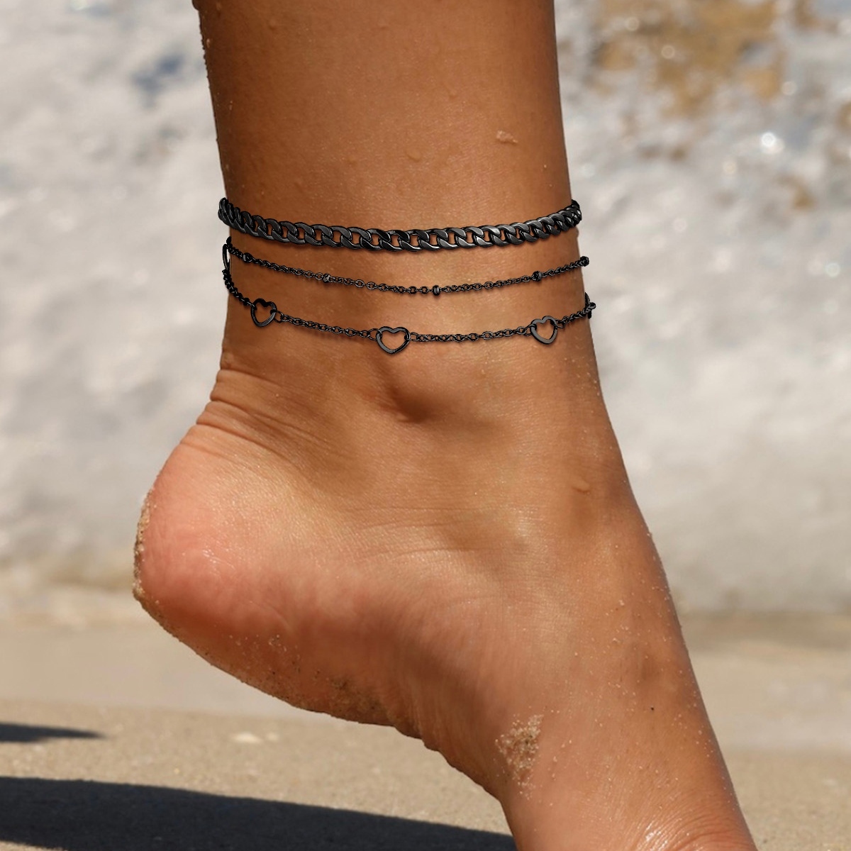 women wearing black Layered Heart Beaded Chain Anklet 