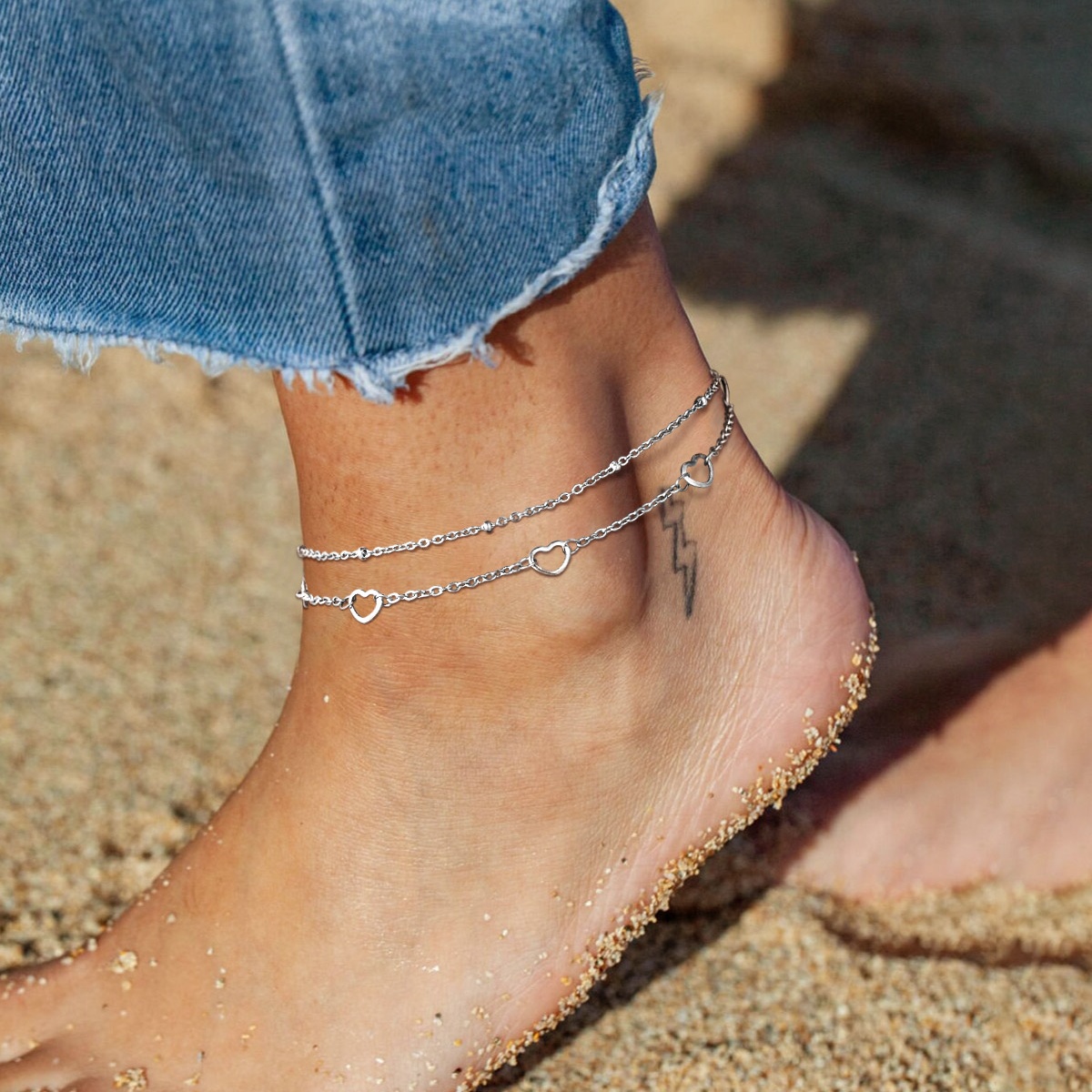 women wearing silver Layered Heart Beaded Chain Anklet 