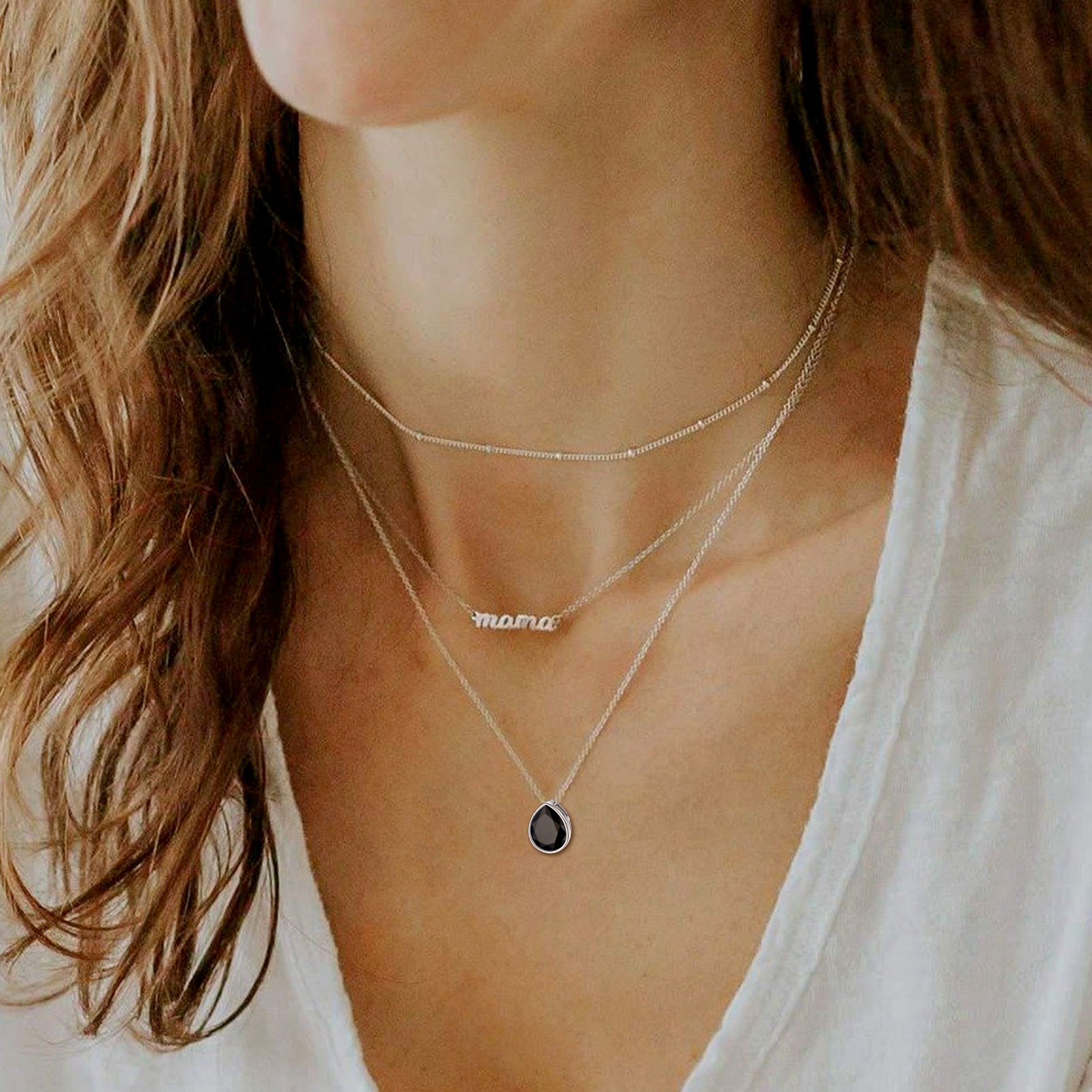 women wearing Sterling Silver Teardrop Black Cubic Zirconia Choker Necklace