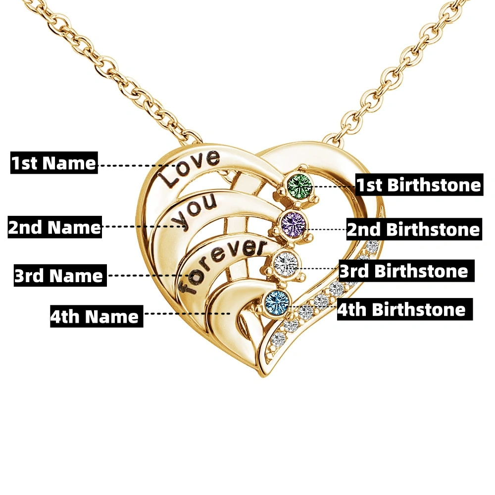 Personalized Family Heart Pendant Sterling Silver Necklace with 2-4 Engraved Names and Birthstones Mother's Day Birthday Gift for Mom Grandma