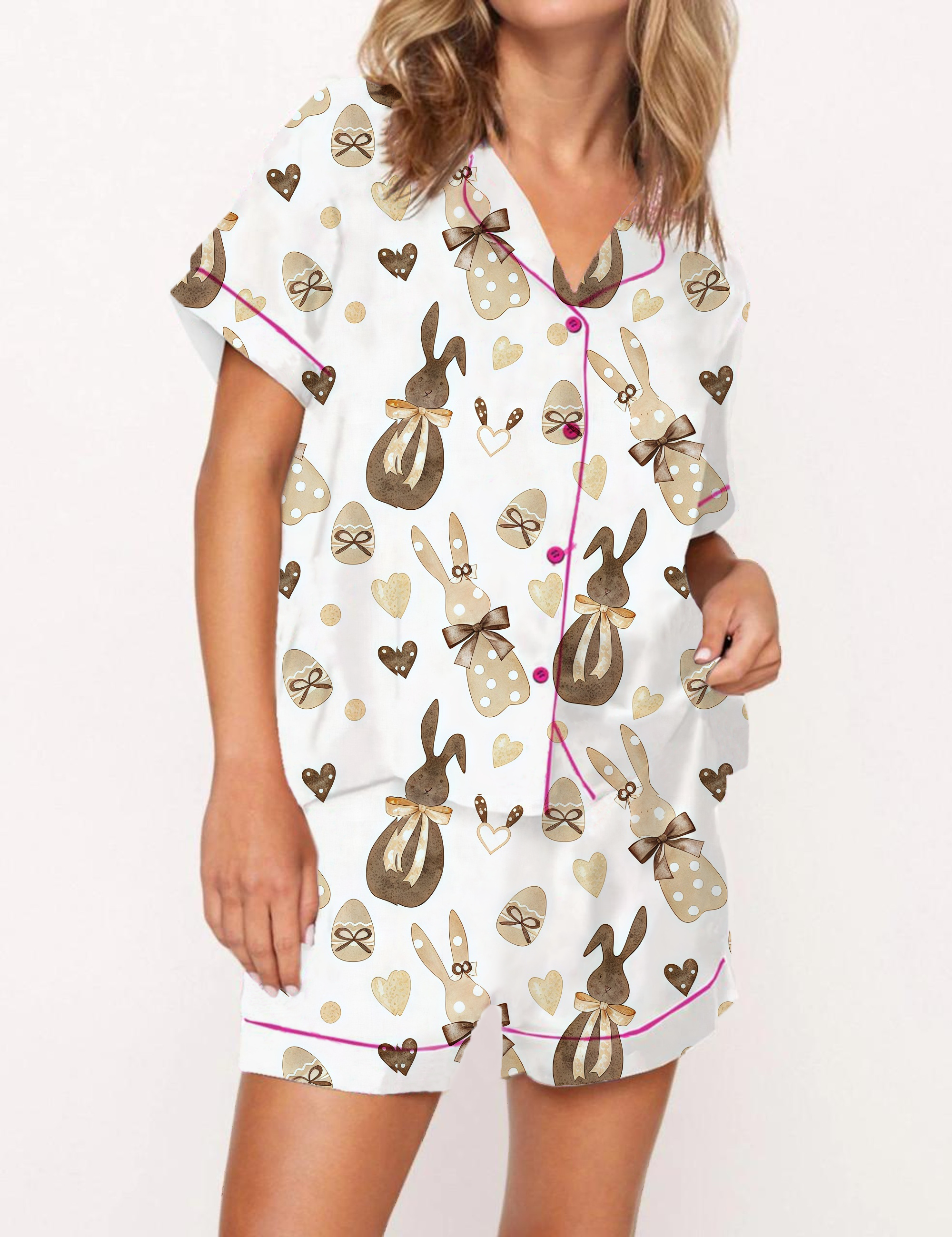 Easter-themed Bunny And Egg Satin Pajama Short Set
