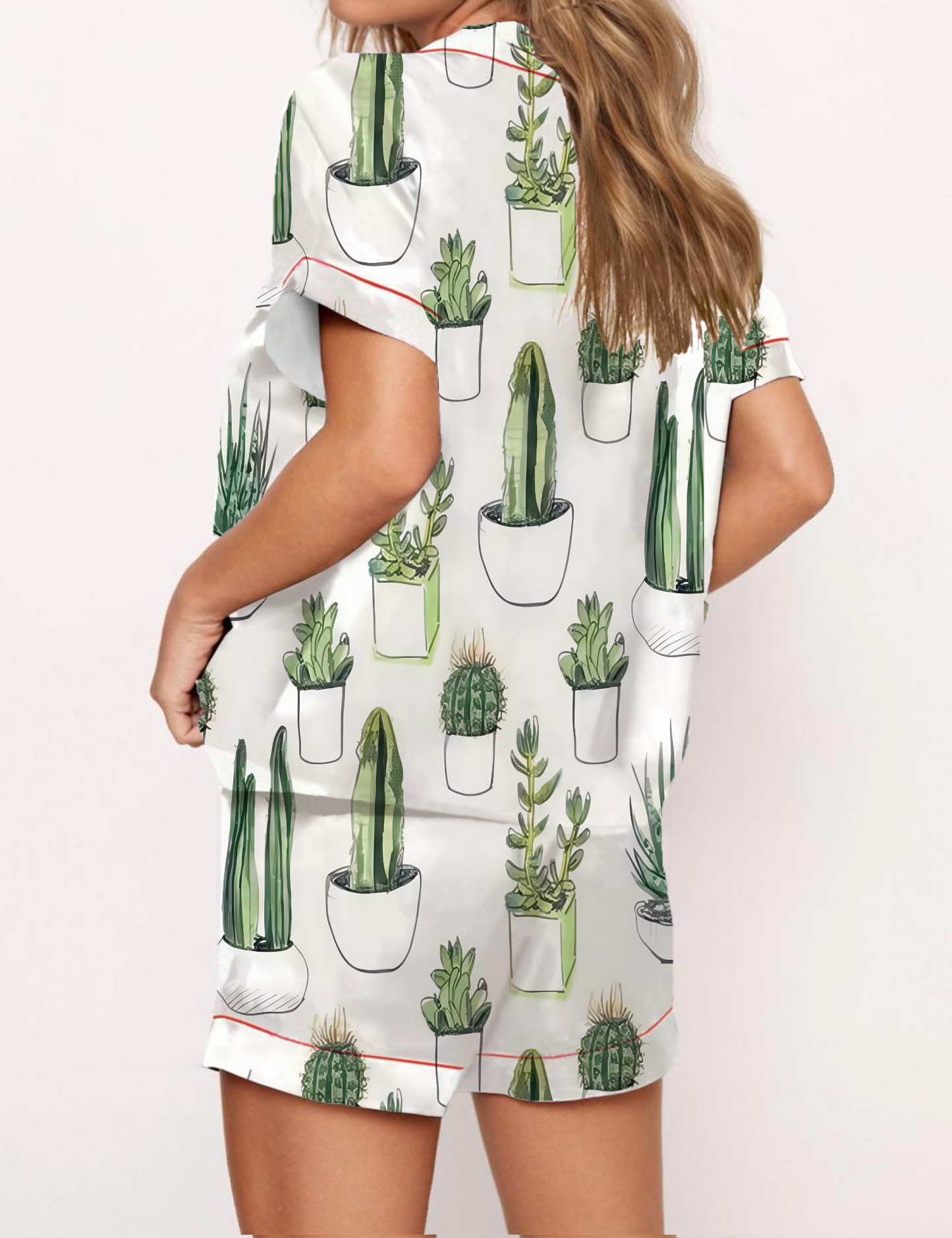 Cactus-in-pots Print Satin Pajama Short Set