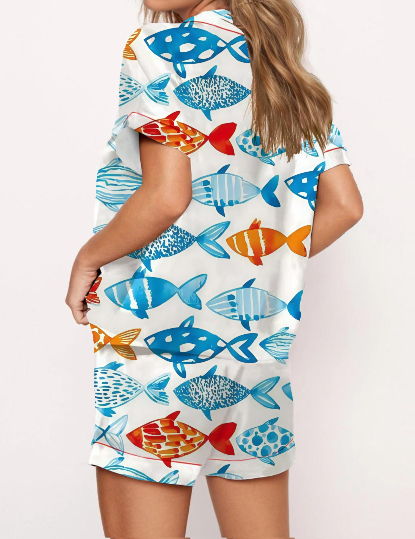 Playful Fish Print Satin Pajama Short Set