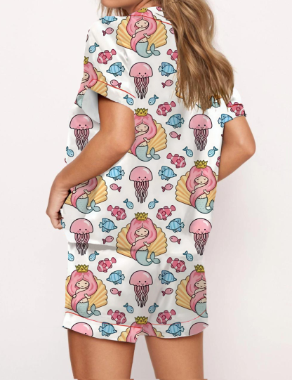 Vacation Mermaid Sea Creature Satin Pajama Short Set