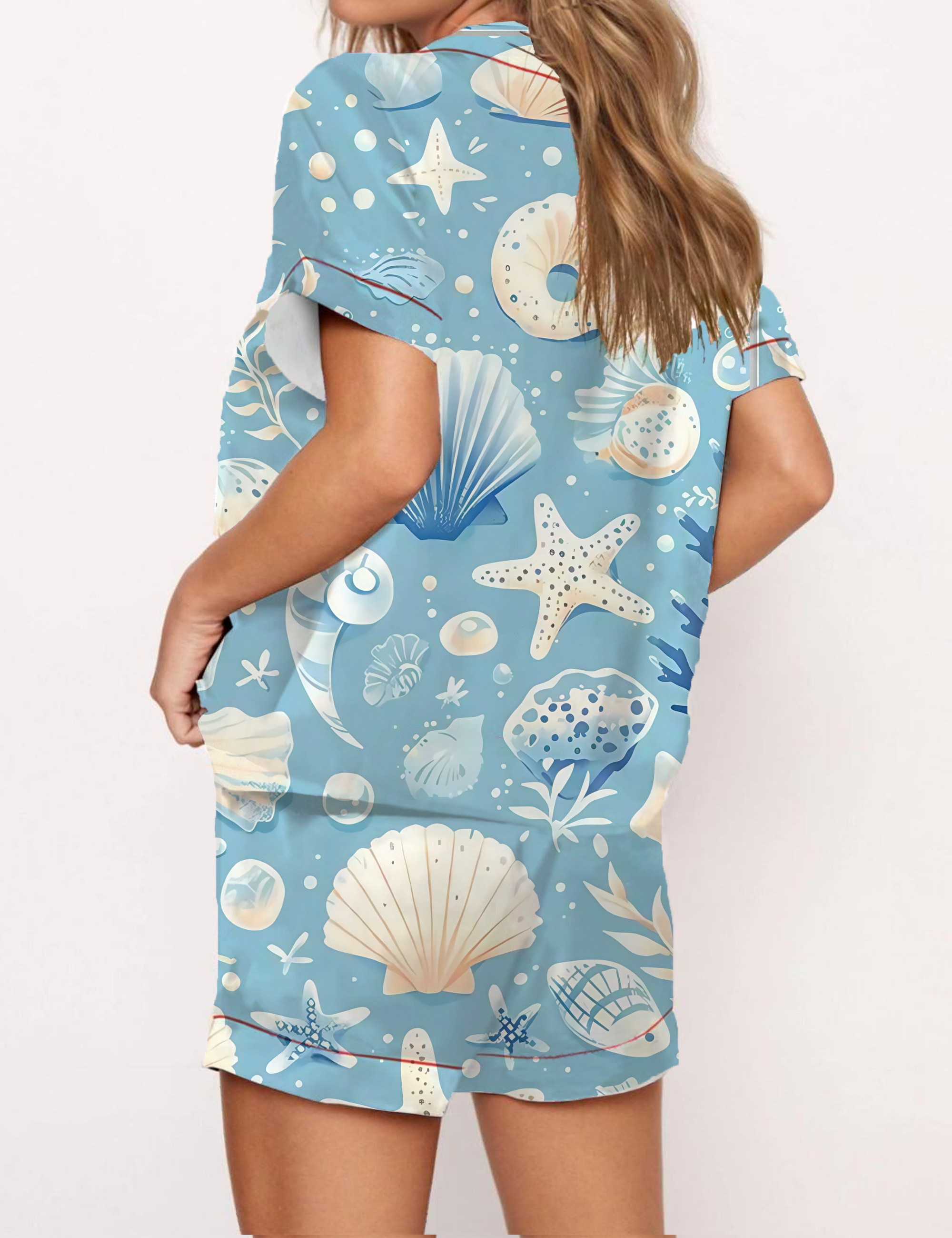 Delightful Seashell Starfish Print Blue Satin Pajama Short Set