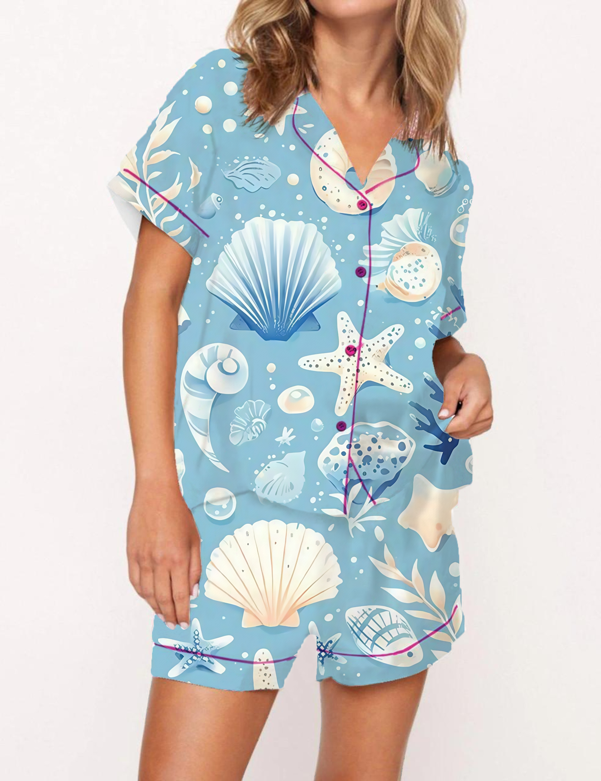Delightful Seashell Starfish Print Blue Satin Pajama Short Set