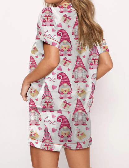 Valentine's Gnome Print Satin Pajama Short Set
