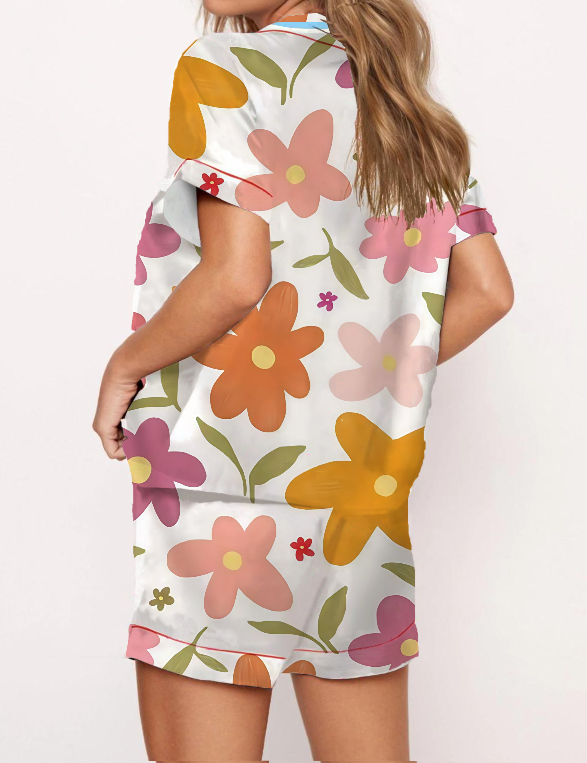 Cute Retro Floral Print Satin Pajama Short Set