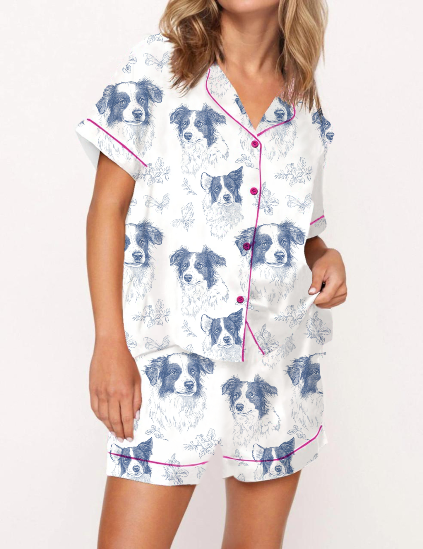Border Collie Silky Satin Pajama Short Set For Women