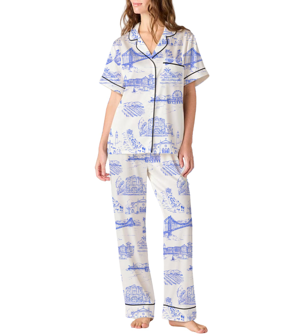 California Toile Silky Satin Pajama Pants Set For Women