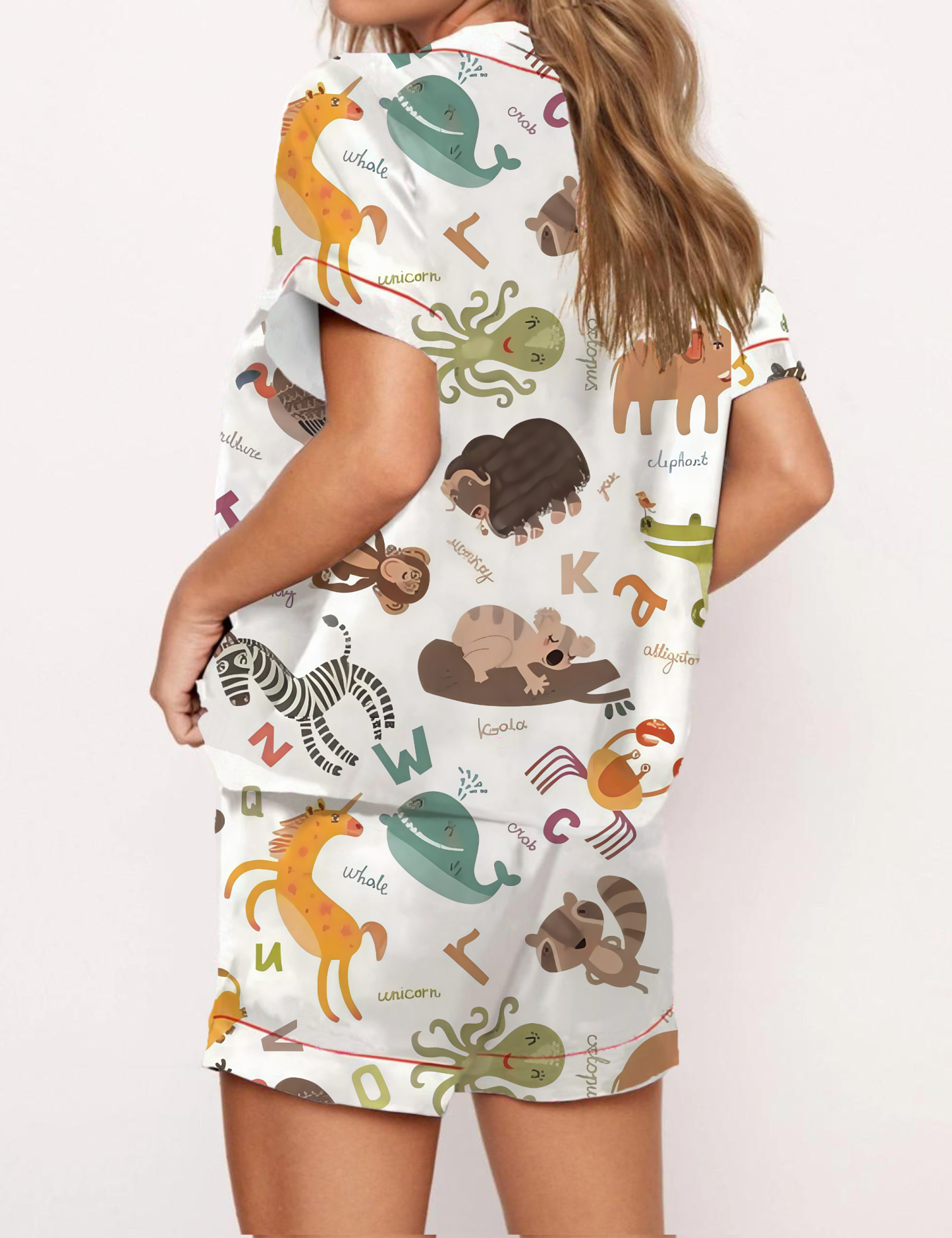 Fun-filled Adorable Animal Alphabet Print Satin Pajama Short Set