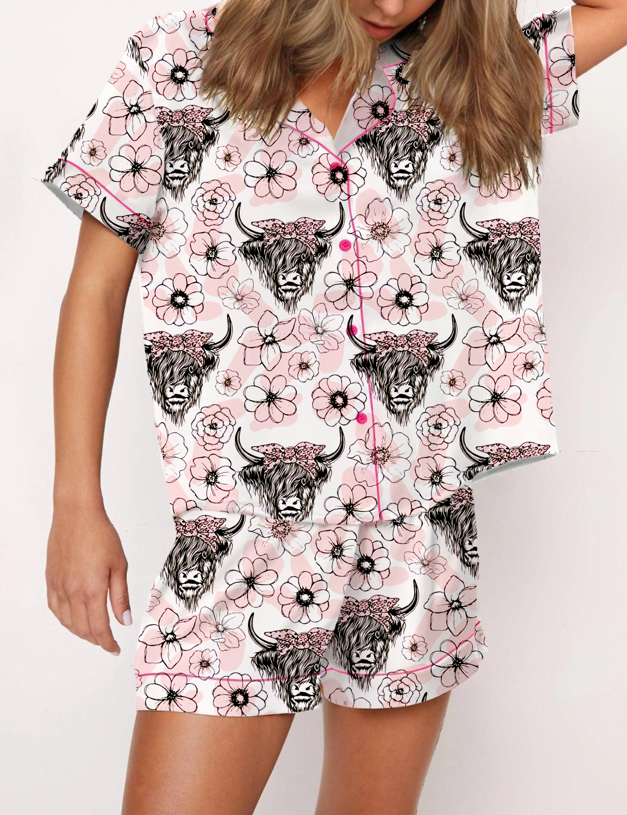 Higland Cow Silky Satin Pajama Short Set For Women