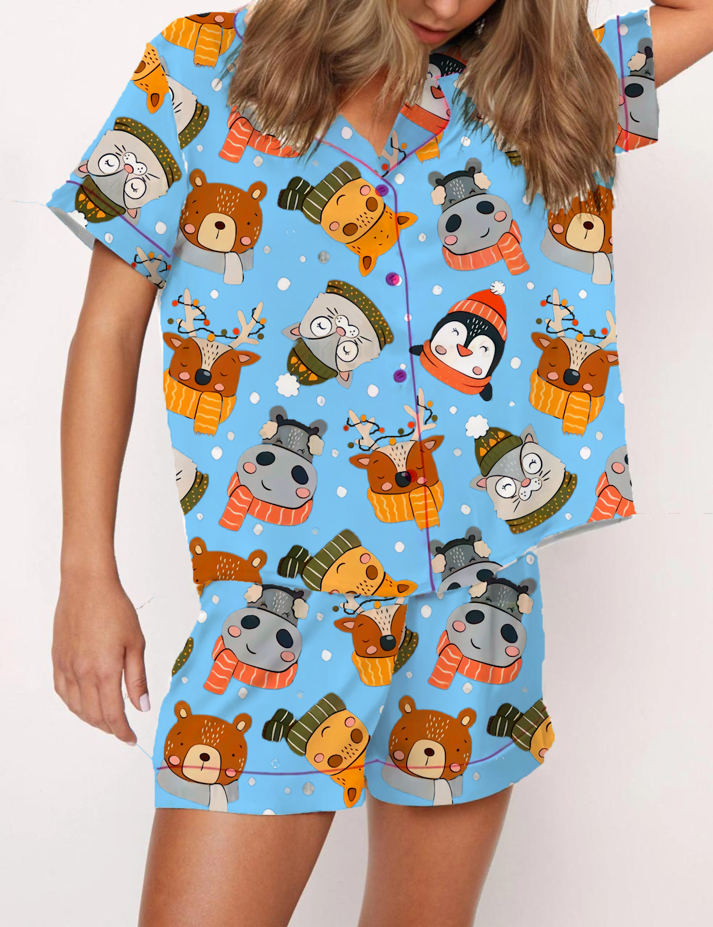 Christmas Cartoon Animals Silky Satin Pajama Short Set For Women