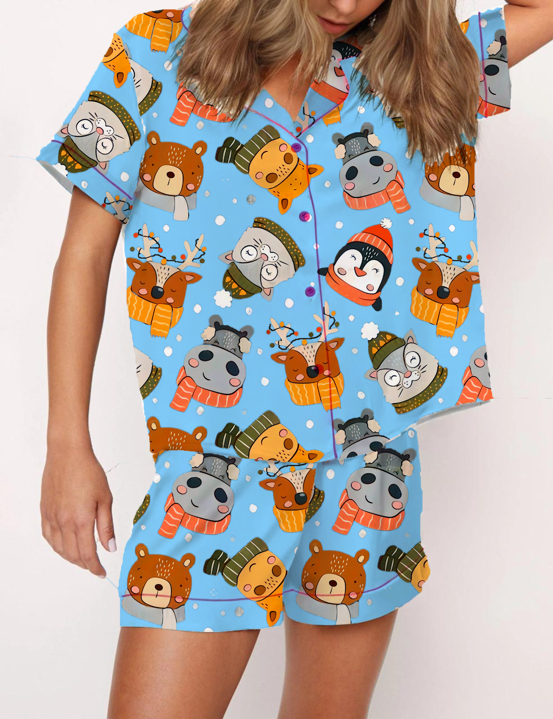 Christmas Cartoon Animals Silky Satin Pajama Short Set For Women
