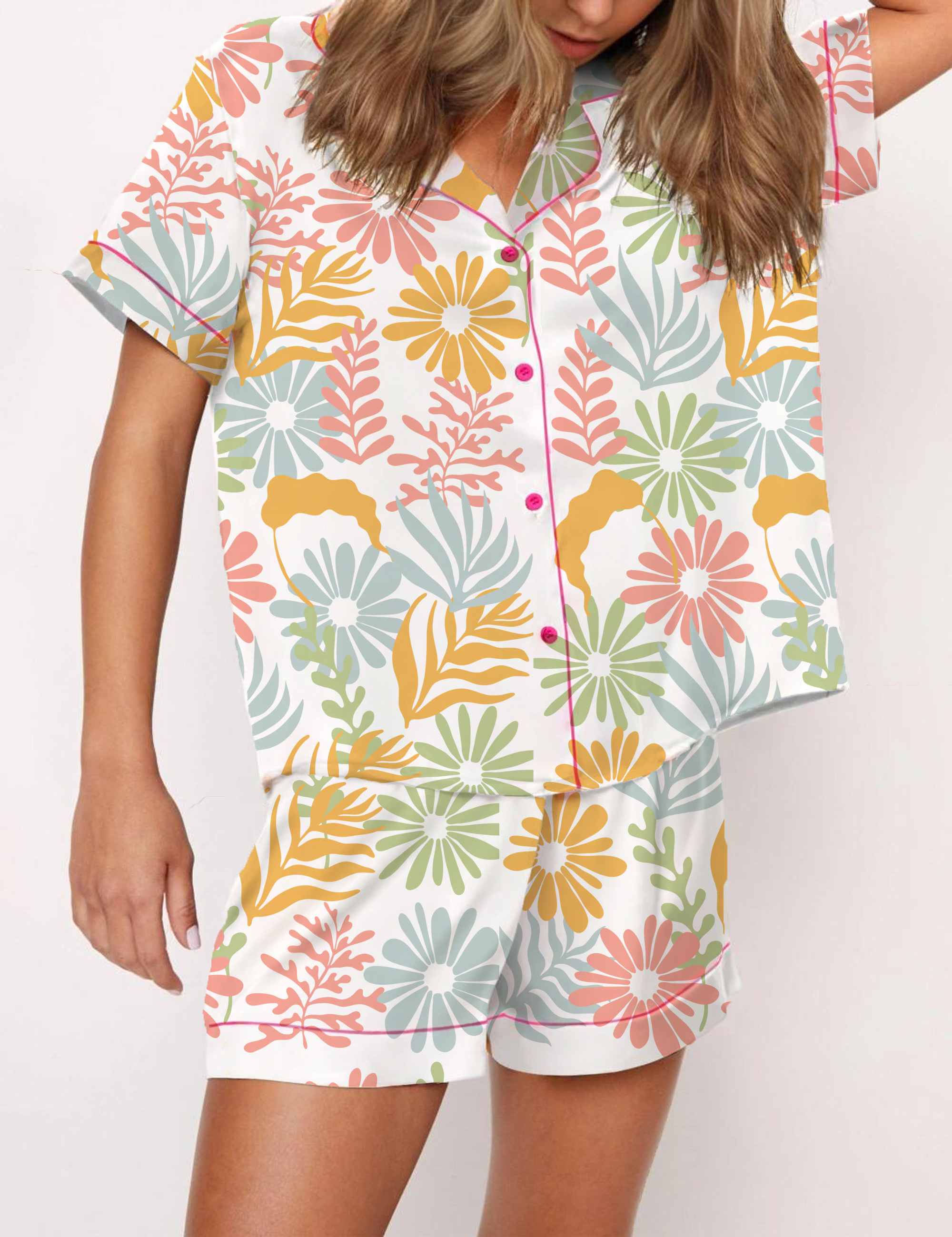 Colorful Floral Silky Satin Pajama Short Set For Women