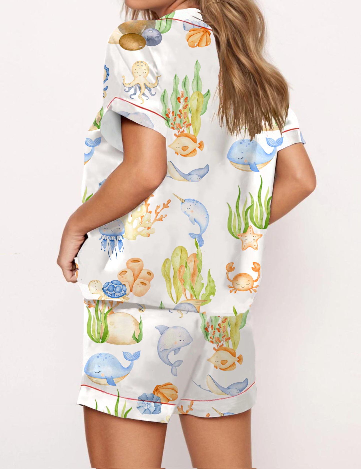 Colorful Marine Life Theme Silky Satin Pajama Short Set For Women