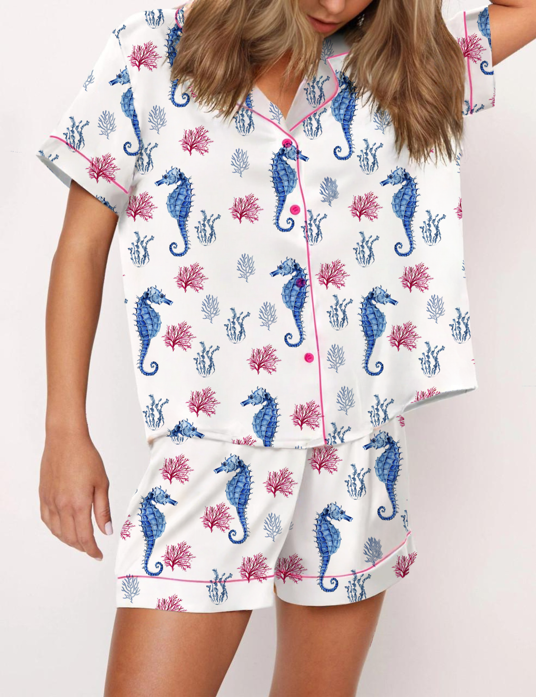 Seahorse Coral Silky Satin Pajama Short Set For Women