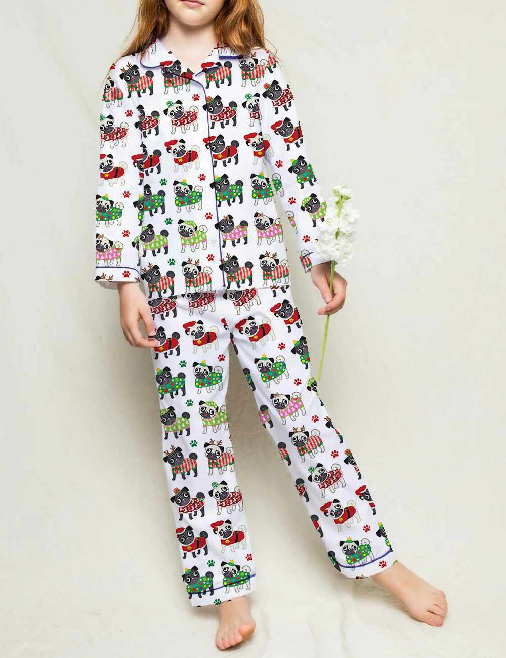 Christmas Ugly Sweater Pug Kid's Silky Satin Pajama Set 