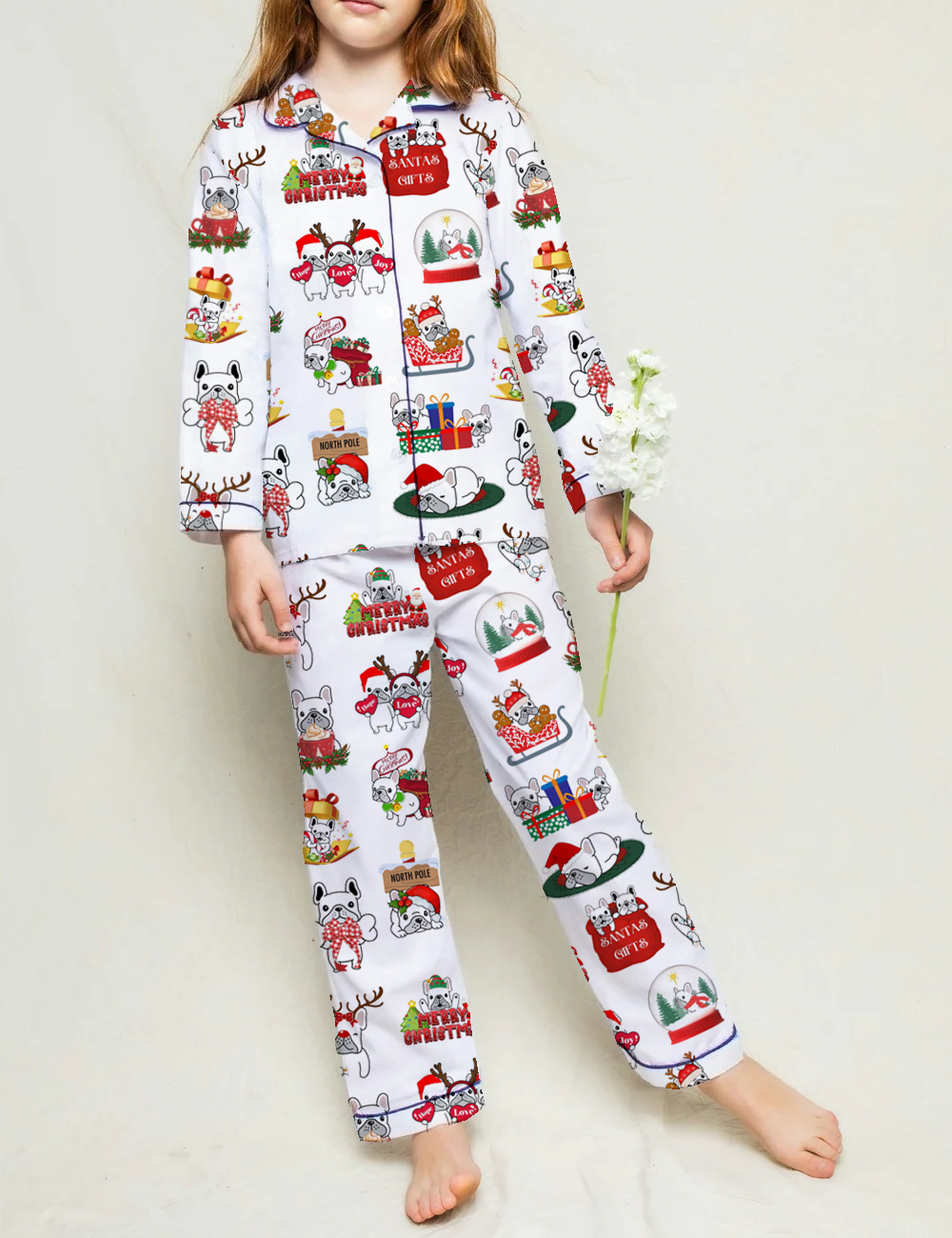 Christmas French Bulldog Kid's Silky Satin Pajama Set 