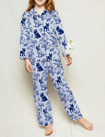 French Bulldogs Toile Kid's Silky Satin Pajama Set 