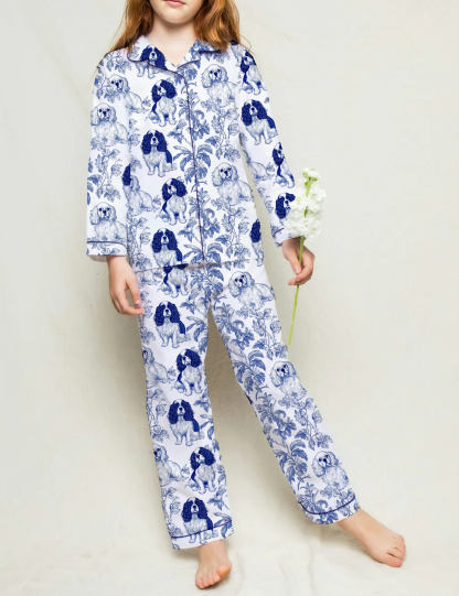 Cavalier King Charles Toile Kid's Silky Satin Pajama Set 