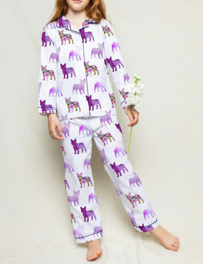Purple Watercolor Floral French Bulldogs Kid's Silky Satin Pajama Set 