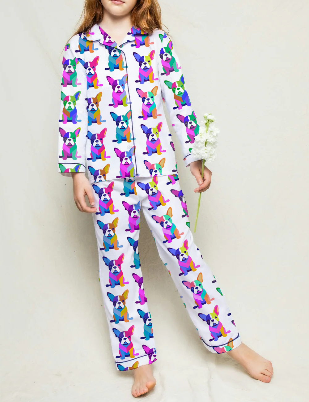 Colorfull French Bulldogs Kid's Silky Satin Pajama Set 