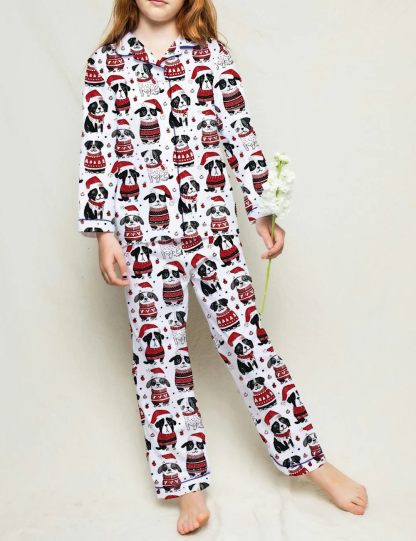 Cute Dogs In Santa Hats Kid's Silky Satin Pajama Set 