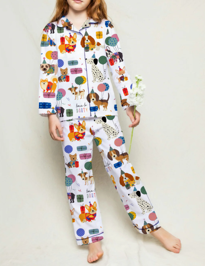Birthday Dog Party Kid's Silky Satin Pajama Set 