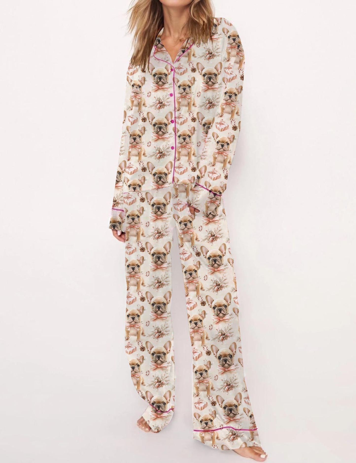 Christmas French Bulldog Silky Satin Pajama Set For Women