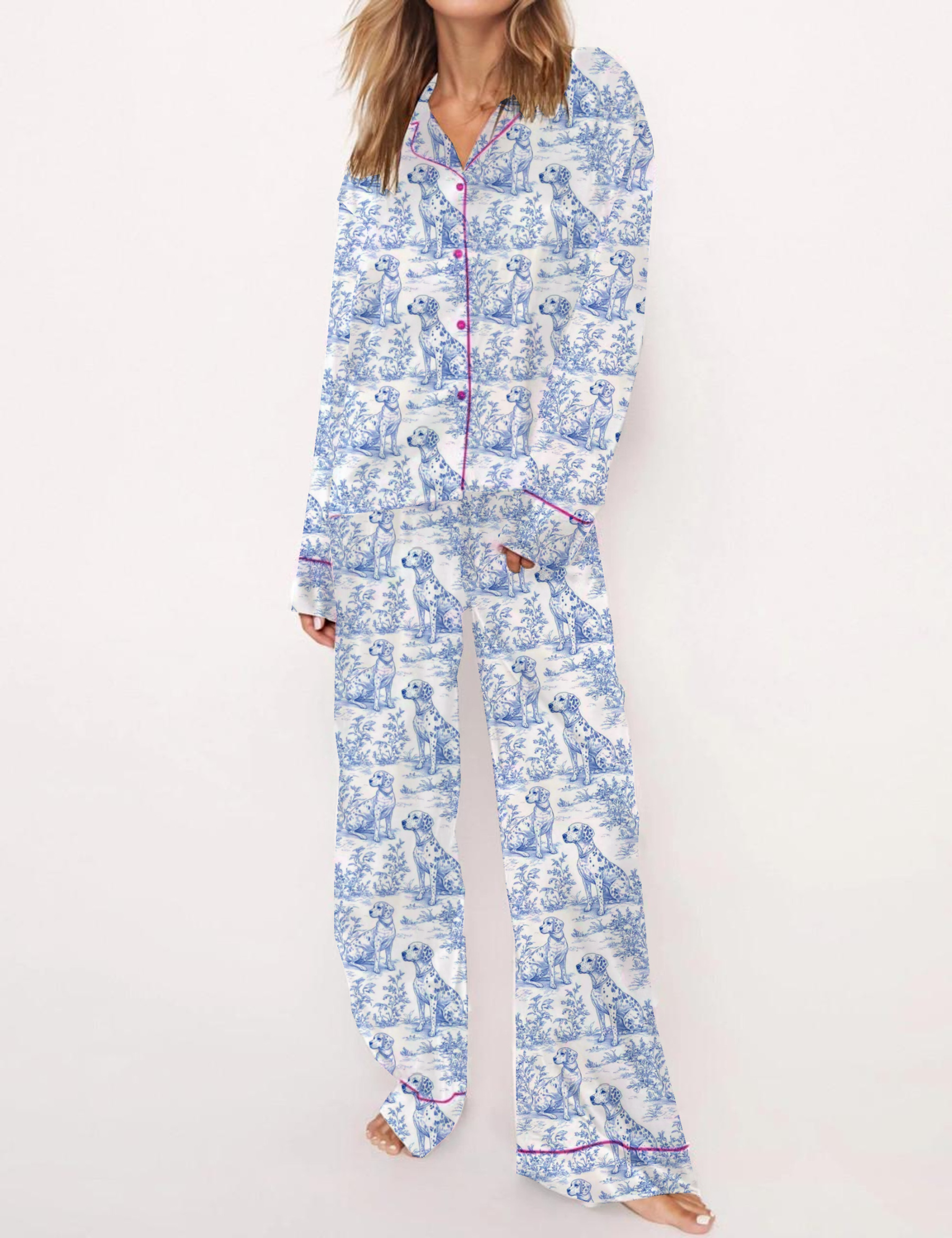 Dalmation Dogs Toile Silky Satin Pajama Short Set For Women