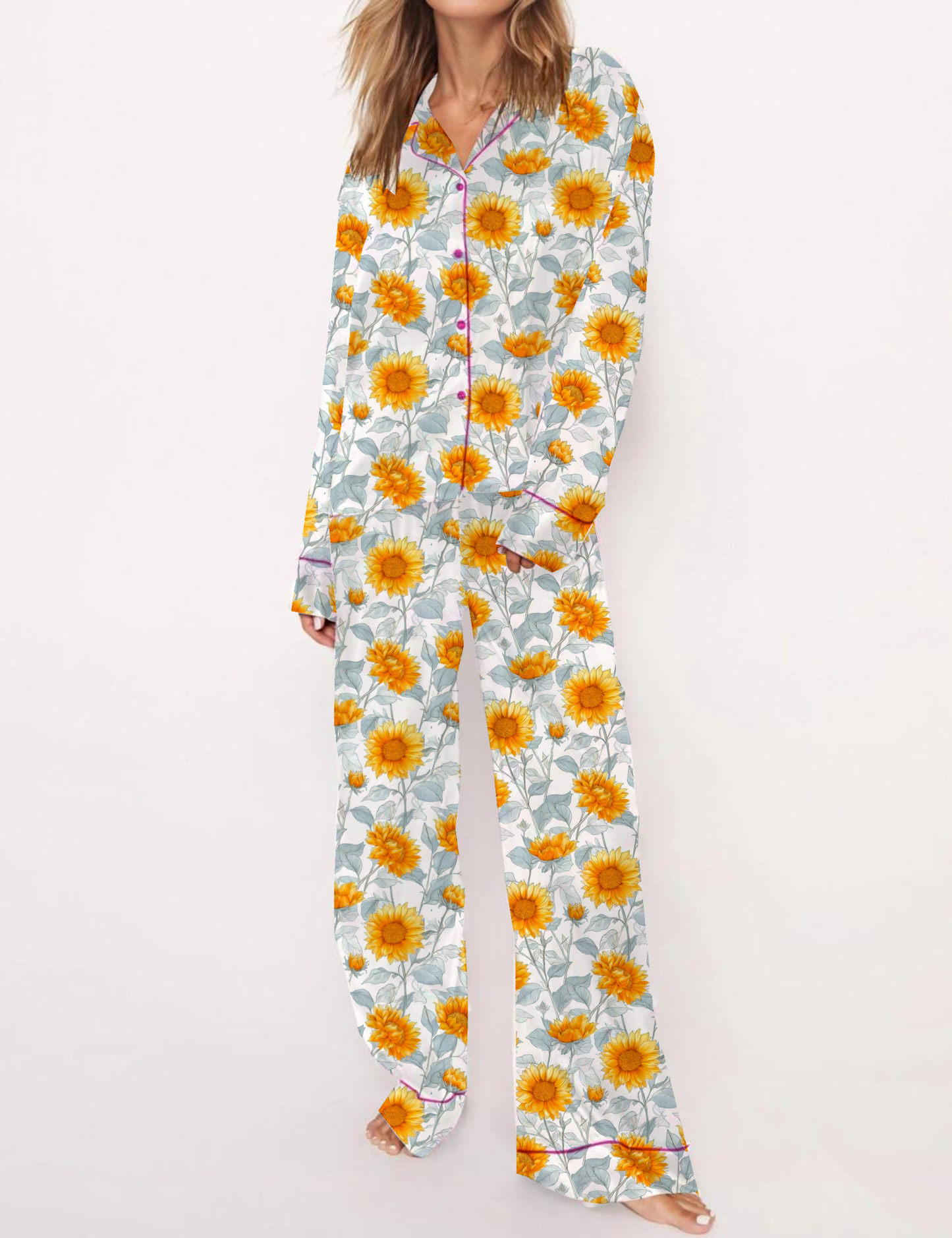 Sunflower Silky Satin Pajama Set For Women